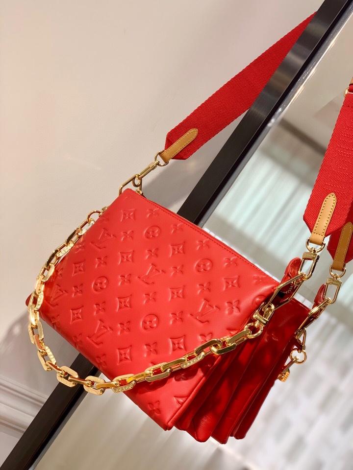 Louis Vuitton Coussin PM 27 Red Monogram Embossed Puffy Lambskin Bag