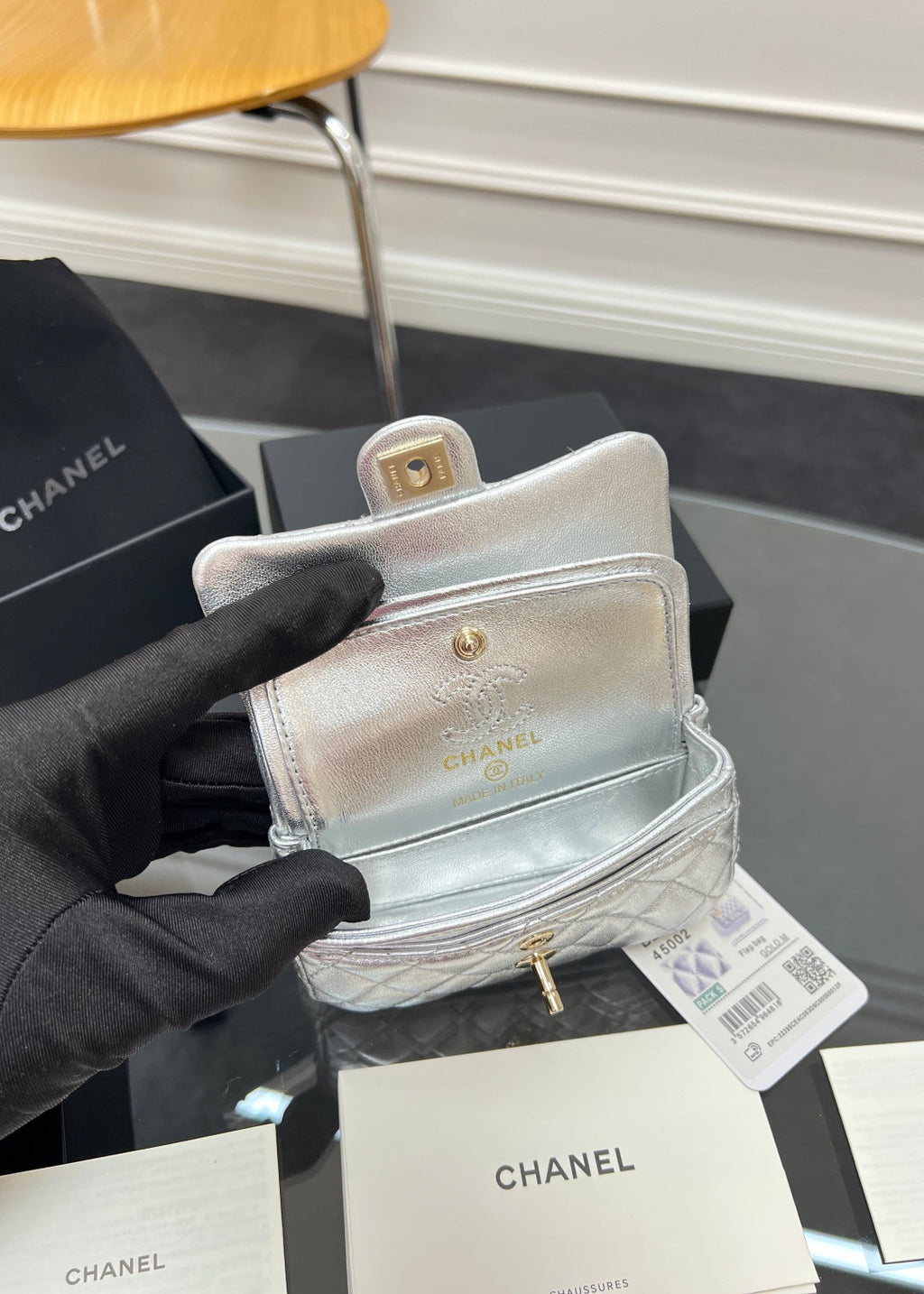 Chanel 25S Flap Charm Bag 13 in Silver Metallic Lambskin