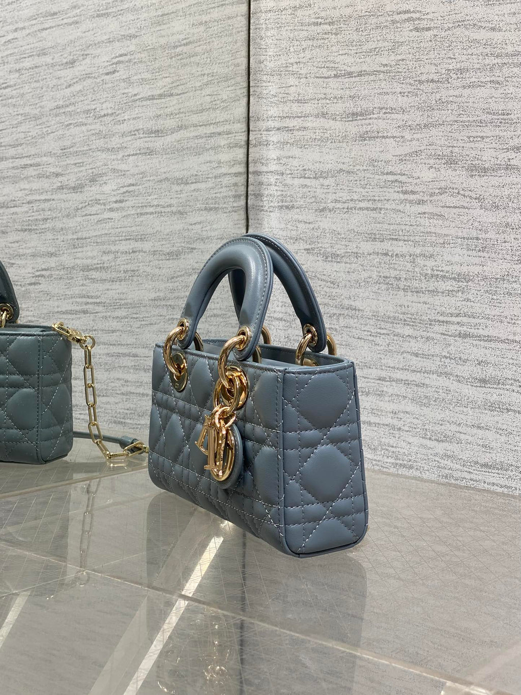 Dior 25S Small Lady D‑Joy Bag 19 in Steel Blue Gray Cannage Calfskin Gold Hardware