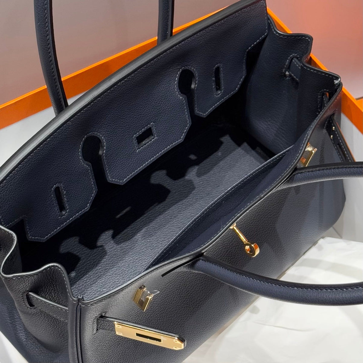 Hermes 25S Shoulder Birkin 29 in Midnight Blue Calfskin Gold Hardware Bag