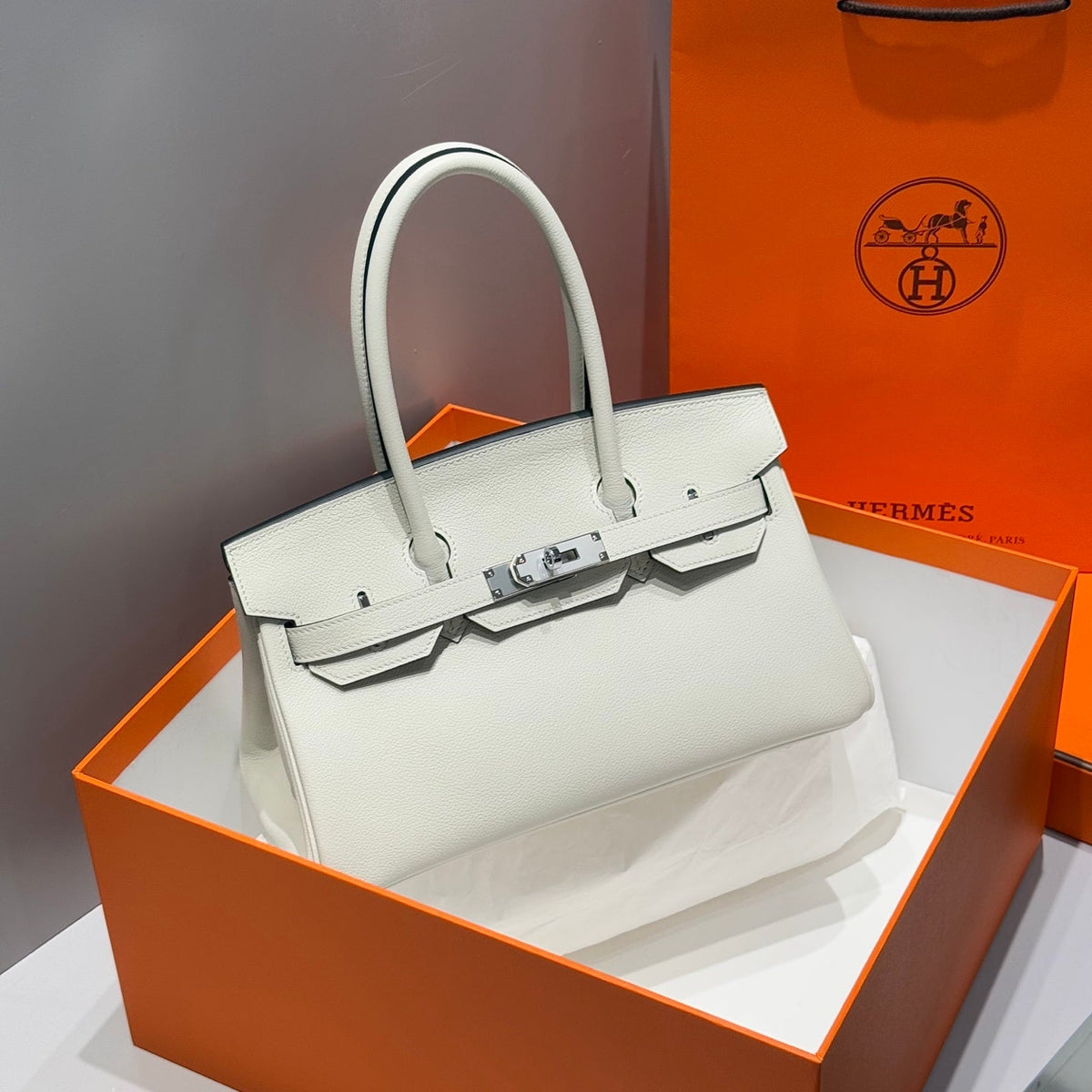 Hermes 25S Shoulder Birkin 29 in Milky White Calfskin Silver Hardware Bag