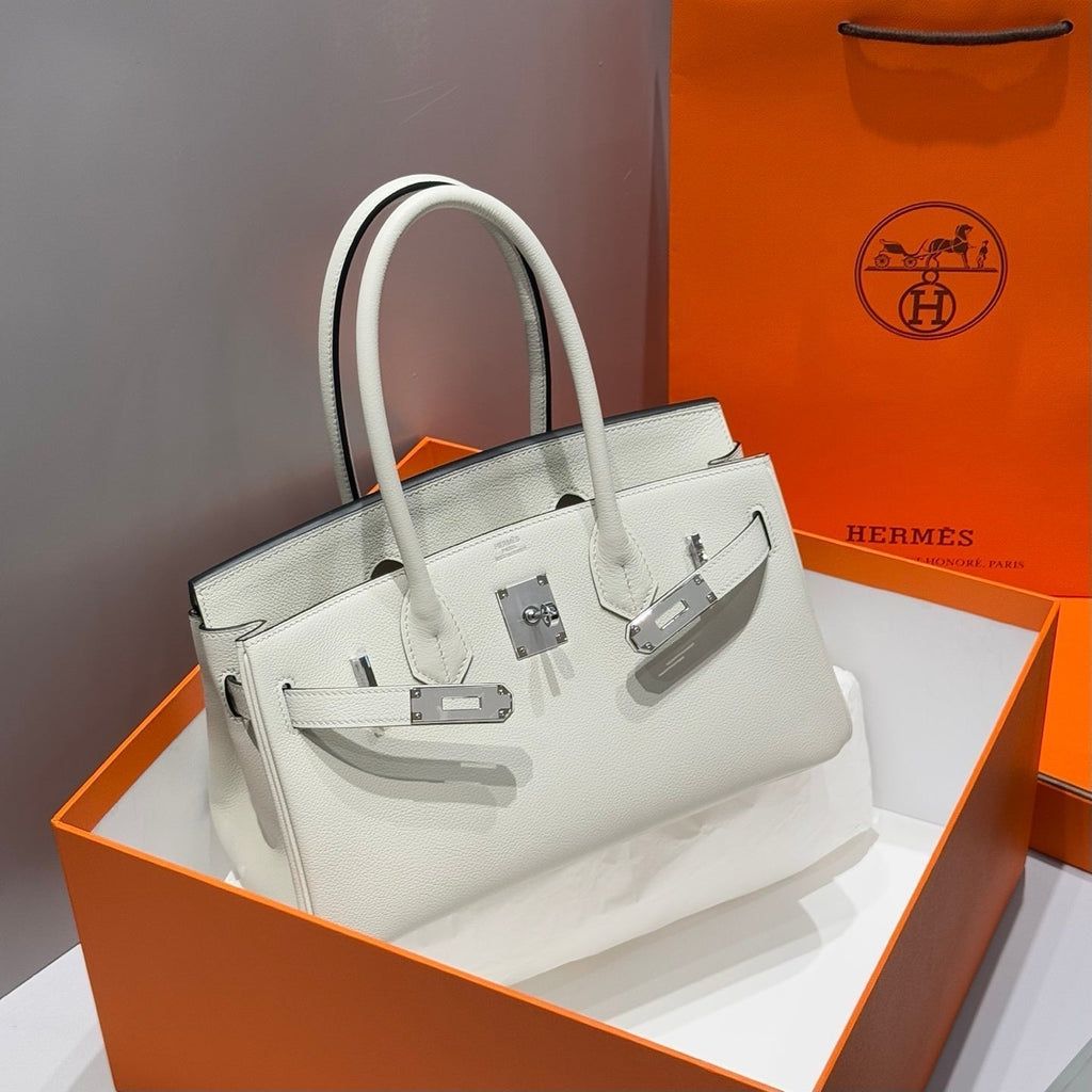 Hermes 25S Shoulder Birkin 29 in Milky White Calfskin Silver Hardware Bag