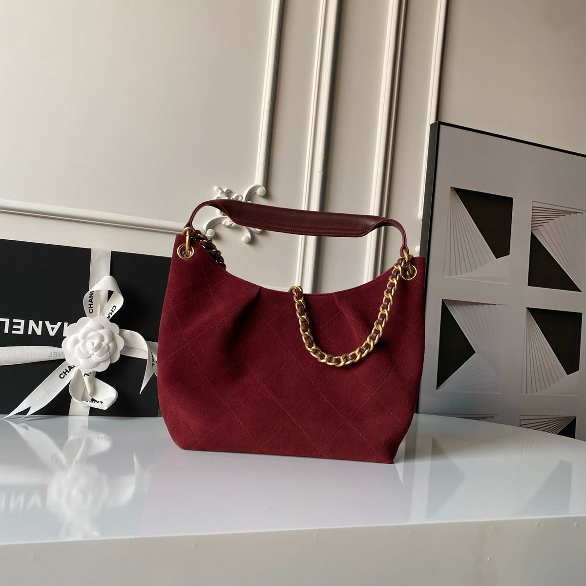 Chanel 25S Hobo Bag 31 in Dark Red Suede with Gold Hardware