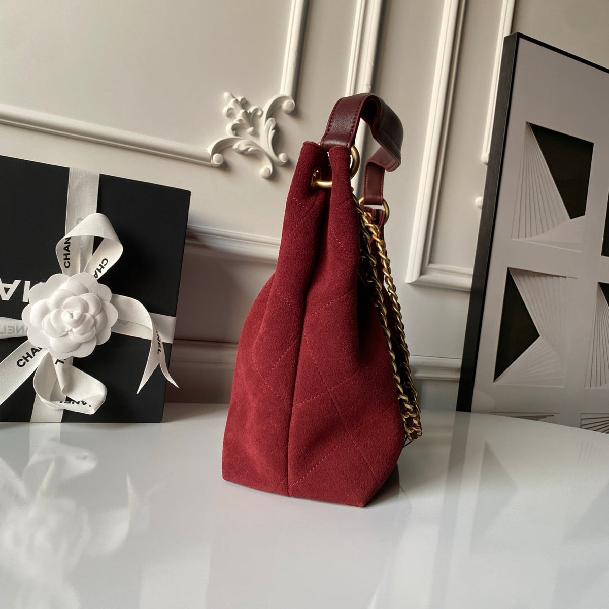 Chanel 25S Hobo Bag 31 in Dark Red Suede with Gold Hardware