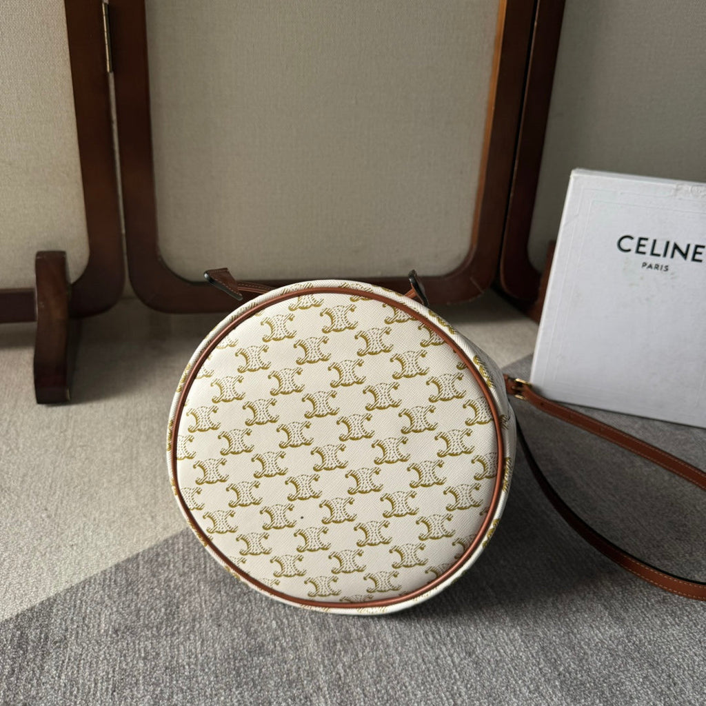 Celine Clara Bag 24 in White Triomphe Canvas and Brown Calfskin Trim