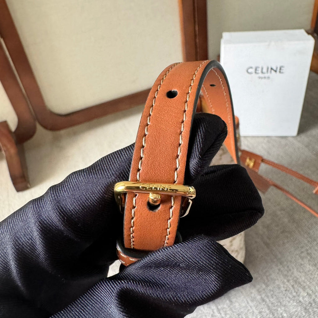 Celine Clara Bag 24 in White Triomphe Canvas and Brown Calfskin Trim