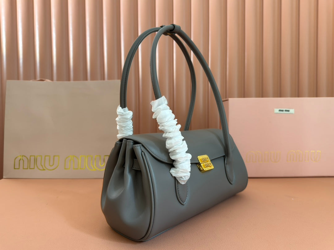 Beau Top Handle Bag 28 in Lava Grey Glossy Calfskin Gold Hardware