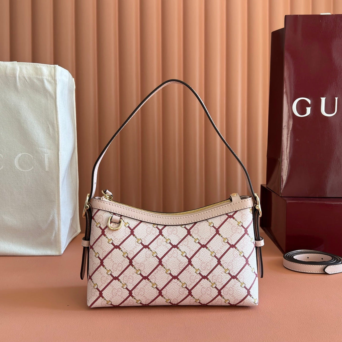 Gucci 26S Emblem Bucket Bag 22 in Light Pink Coated Fabric