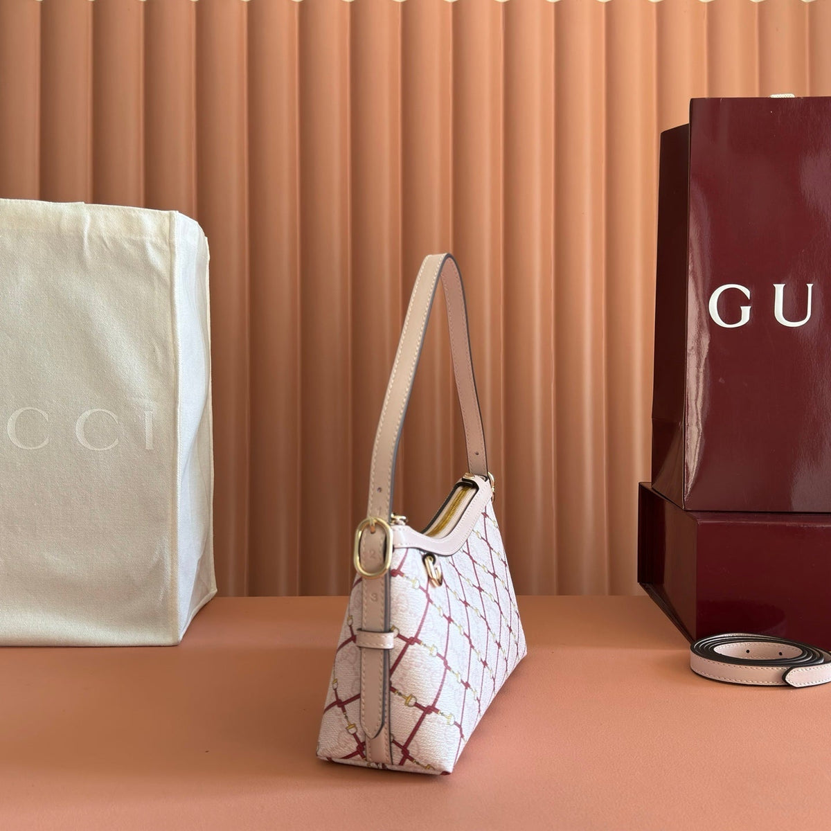 Gucci 26S Emblem Bucket Bag 22 in Light Pink Coated Fabric